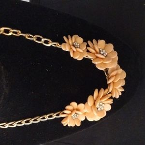 Vintage Gold Tone Peach Flower With Clear Rhinestones Statement Necklace